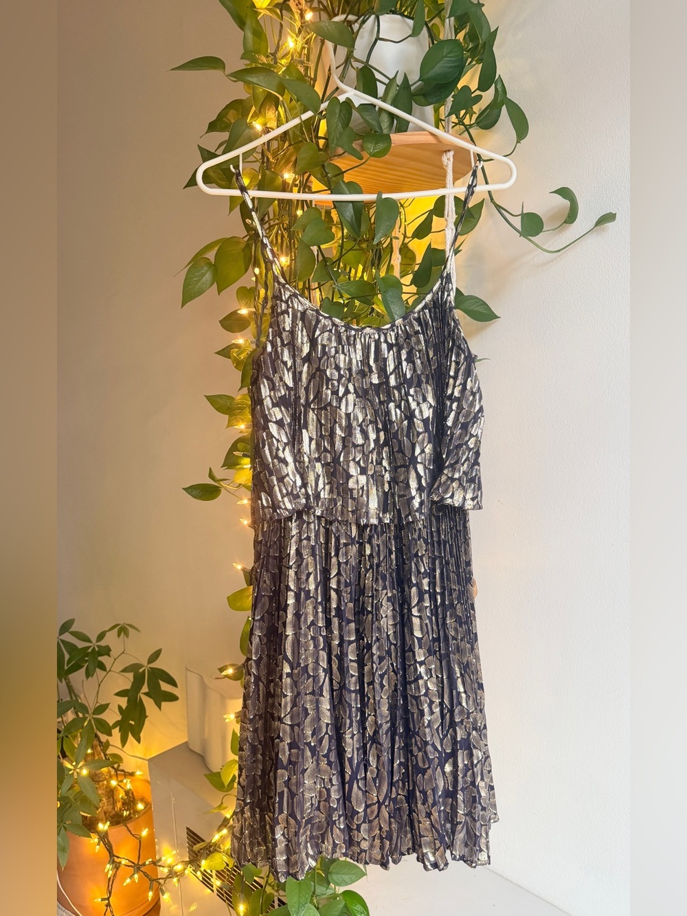 Halston Heritage Black and Gold Metallic Spaghetti-Strap Pleated Dress